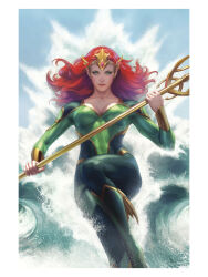  absurdres blue_eyes bodysuit breasts cleavage collarbone comic_cover crown dc_comics female green_bodysuit highres holding holding_polearm holding_trident holding_weapon hydrokinesis long_hair looking_at_viewer magic mera_(dc) official_art open_mouth parted_lips polearm realistic red_hair signature smile spear stanley_lau trident water waves weapon 