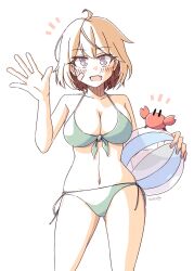  ball bandaid beachball bikini blush breasts brown_eyes brown_hair cowboy_shot crab female green_bikini highres kantai_collection looking_at_viewer medium_breasts oboro_(kancolle) open_mouth salute short_hair simple_background swimsuit tatahai white_background 