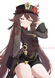  absurdres black_shorts breasts brown_hair coattails cowboy_shot female flower flower-shaped_pupils genshin_impact half-closed_eyes hat hat_flower highres hu_tao_(genshin_impact) long_hair long_sleeves looking_at_viewer plum_blossoms red_eyes riai_kurumi short_shorts shorts simple_background smile solo symbol-shaped_pupils thighs twintails twitter_username very_long_hair white_background 