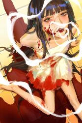  arm_support bad_anatomy bad_perspective bare_legs bare_shoulders barefoot black_eyes black_hair blood blood_on_chest blood_on_clothes blood_on_dress blood_on_face blood_on_ground blood_on_weapon blood_splatter blowing_smoke blunt_bangs breasts chemise cigarette collarbone dress female foot_out_of_frame from_above guishu_lingxiang highres holding holding_cigarette holding_knife holding_weapon knife long_hair looking_at_viewer looking_up original parted_lips pool_of_blood red_lips sitting small_breasts smoke_ring smoking solo strap_slip tile_floor tiles very_long_hair weapon white_chemise white_dress 