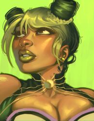  absurdres ben-day_dots breasts brown_eyes chromatic_aberration cosplay dark-skinned_female dark_skin double_bun earrings female green_background green_hair green_lips hair_bun highres jewelry jojo_no_kimyou_na_bouken kujo_jolyne kujo_jolyne_(cosplay) looking_up megan_thee_stallion multicolored_hair obarii parted_lips screentones solo stone_ocean two-tone_hair upper_body 