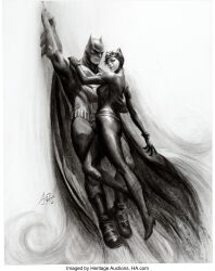  1boy absurdres arm_up batman batman_(series) belt black_bodysuit bodysuit catwoman catwoman_costume_(2002) comic_cover dated dc_comics female gloves goggles goggles_on_head graphite_(medium) highres looking_back monochrome official_art parted_lips selina_kyle signature stanley_lau superhero_costume traditional_media 