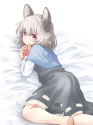  animal_ears bed_sheet bloomers blue_capelet capelet closed_mouth commentary_request commission dress female grey_dress grey_hair highres looking_at_viewer lying medium_hair mouse_ears mouse_girl naegi_(naegidokoro) nazrin on_bed on_stomach red_eyes skeb_commission smile solo touhou 