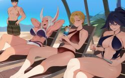  1boy 3girls abs absurdres animal_ears armpits arms_behind_head barefoot beach beach_chair bikini black_hair black_one-piece_swimsuit blonde_hair blue_eyes boku_no_hero_academia breasts chair cleavage closed_eyes collarbone commission crossed_legs cup dark-skinned_female dark_skin drink drinking_glass drinking_straw ear_piercing english_commentary feet food fruit green_shorts hair_between_eyes hair_over_one_eye highres holding holding_drink holding_magazine kopam large_breasts long_eyelashes long_hair looking_at_another lounge_chair lower_teeth_only magazine_(object) midnight_(boku_no_hero_academia) mirko mole mole_under_eye multiple_girls muscular muscular_male navel o-ring o-ring_swimsuit one-piece_swimsuit open_mouth outdoors palm_tree parted_bangs piercing pineapple pineapple_slice ponytail print_shorts purple_bikini rabbit_ears rabbit_girl reading reclining red_bikini red_eyes ryuukyuu scar scar_on_chest short_hair shorts smile spiked_ear_piercing stomach swimsuit teeth thick_thighs thighs toes toned_female tree tropical_drink two-tone_bikini upper_teeth_only white_bikini white_hair yellow_eyes 