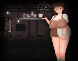  1boy 1girls 3d ? absurd_res absurdres big_breasts brown_hair closed_eyes coffee earrings emma_(vyrus_smith) english_text fat fat_man female hi_res high_resolution highres jewelry looking_at_viewer male original plate restaurant skirt speech_bubble thick_thighs tied_hair twintails uniform vyrus_smith when_you_see_it 