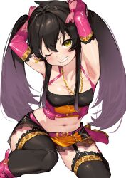  animal_print armpits arms_behind_head bare_shoulders belt black_hair black_thighhighs bow breasts cleavage commentary_request commission elbow_gloves female garter_straps gloves hair_between_eyes hair_ribbon hairbow highres idolmaster idolmaster_cinderella_girls jewelry leopard_print long_hair looking_at_viewer matoba_risa menea midriff navel necklace one_eye_closed pink_bow pink_footwear pink_gloves pixiv_commission ribbon sidelocks simple_background sitting skirt small_breasts smile solo star_(symbol) teeth thighhighs twintails white_background yellow_eyes 