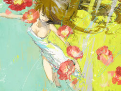  abstract_background arm_out_of_frame bare_legs bare_shoulders barefoot brown_hair closed_eyes dress facing_to_the_side female flower looking_to_the_side moribuden open_mouth original outstretched_arms red_flower white_dress wind 