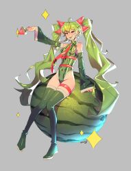  absurdres arm_up boots detached_sleeves draw_this_in_your_style_challenge female food food-themed_hair_ornament fruit green_footwear green_hair green_leotard green_sleeves hair_ornament hatsune_miku highleg highleg_leotard highres leotard long_hair necktie noroiju oversized_food oversized_object parted_lips popsicle print_leotard red_eyes red_necktie shadow skindentation smile solo thigh_boots twintails very_long_hair vocaloid watermelon watermelon_bar watermelon_hair_ornament watermelon_miku_(kaatokun) wide_sleeves 