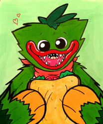  absurd_res animate_inanimate bandana black_eyes bread eating fan_character fangs food fur furred_monster glury_the_unown green_background green_body green_fur happy hi_res humanoid kerchief living_plushie male mob_entertainment monster open_mouth plushie poppy_playtime simple_background smile solo teeth tongue traditional_media_(artwork) wuggy_(poppy_playtime) 