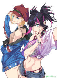  2girls absurdres animal animal_ear_headwear black_hair blonde_hair cabbie_hat cammy_white casual crop_top denim denim_shorts feline frayed_shorts hat heterochromia highres holding holding_animal holding_cat jacket juri_han looking_at_viewer multicolored_hair multiple_girls off_shoulder open_fly panties purple_hair r1nzo red_panties selfie shirt short_hair short_shorts shorts side-tie_panties smile street_fighter street_fighter_6 tied_shirt toned_female twintails underwear 