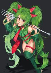  absurdres black_background boots detached_sleeves draw_this_in_your_style_challenge female food-themed_hair_ornament fork gazu_honey green_footwear green_hair green_leotard green_sleeves hair_ornament hatsune_miku highres holding holding_fork leg_up leotard long_hair looking_at_viewer necktie oversized_object print_leotard red_eyes red_nails red_necktie shadow simple_background smile solo thigh_boots twintails very_long_hair vocaloid watermelon_hair_ornament watermelon_miku_(kaatokun) wide_sleeves 