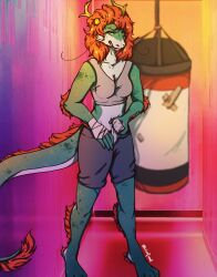  anthro antlers bandaged_hands clothed clothing dragon female front_view green_body grin hair hi_res horn lionfloof looking_at_viewer mythological_creature mythological_scalie mythology orange_hair scalie smile solo standing white_body yellow_antlers yellow_eyes 