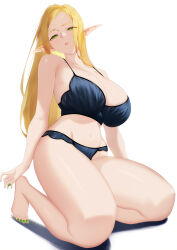  barefoot blonde_hair blue_bra blue_panties blueorca bra breasts cleavage collarbone elf english_commentary feet female full_body green_eyes green_nails highres kneeling large_breasts long_hair mole mole_on_breast mole_under_eye nail_polish navel original panties parted_bangs parted_lips pointy_ears shadow simple_background solo thick_thighs thighs tiptoes toenail_polish toenails toes underwear underwear_only very_long_hair white_background 