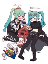  2girls alcohol aldi aqua_eyes aqua_hair beer belt black_belt black_jacket closed_eyes crop_top dual_persona eating food german_commentary german_flag hatsune_miku jacket lidl long_sleeves multiple_girls navel pants prost sandwich shihoran track_jacket track_pants track_suit twintails vocaloid 