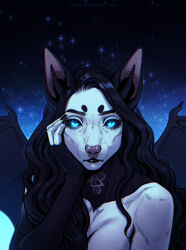  anthro bat black_body black_fur black_hair black_sclera blue_eyes eyelashes female fur hair hi_res hybrid long_hair looking_at_viewer mammal membrane_(anatomy) membranous_wings pink_nose portrait road~abelgeym sky solo star starry_sky wavy_hair white_body wings 