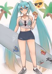  :d ahoge aqua_eyes aqua_hair bare_legs black_shorts breasts burger camisole checkered_footwear choker commentary female food hand_up hatsune_miku highres holding holding_food long_hair looking_at_viewer midriff navel open_mouth palm_tree purrlucii see-through shoes short_shorts shorts smile solo spaghetti_strap standing stomach sun sunglasses surfboard thighs tree twintails very_long_hair vocaloid 