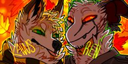  0ct0m0n0 2:1 anthro blep brown_horn canid cheek_tuft clothed clothing dipstick_ears dragon duo ear_markings facial_tuft fur glistening glistening_eyes green_eyes head_tuft horn low_res male mammal mouth_closed multicolored_ears mythological_creature mythological_scalie mythology neck_tuft pink_tongue pupils red_eyes scalie scarf slit_pupils tongue tongue_out tuft white_body white_fur 