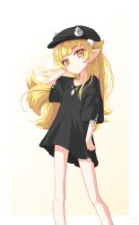  absurdres artist_name black_hat black_shirt blonde_hair blush_stickers border bottomless closed_mouth commentary english_commentary feet_out_of_frame female gradient_background hand_in_own_hair hat highres long_hair looking_at_viewer lunar_veggie monogatari_(series) oshino_shinobu outside_border pointy_ears shirt short_sleeves solo standing white_background white_border wide_sleeves yellow_background yellow_eyes 