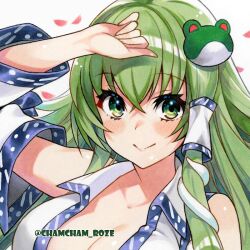  :&gt; bare_shoulders breasts chacham collarbone collared_shirt commentary_request crossed_bangs detached_sleeves falling_petals female floating_hair frog_hair_ornament green_eyes green_hair hair_between_eyes hair_ornament hand_on_own_head kochiya_sanae large_breasts light_blush long_hair looking_at_viewer nontraditional_miko petals shirt sidelocks simple_background single_hair_tube snake_hair_ornament solo three_quarter_view touhou twitter_username upper_body white_background white_shirt wide_sleeves 