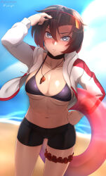  abs arm_up beach bike_shorts bikini bikini_top_only black_bikini black_choker black_shorts blue_sky blurry blurry_background breasts choker cleavage clenched_hand closed_mouth cloud cloudy_sky commentary cowboy_shot day english_commentary eyewear_on_head female grey_eyes hair_between_eyes hand_on_own_hip highres holding holding_swim_ring jacket light_frown long_sleeves looking_at_viewer multicolored_clothes multicolored_jacket navel open_clothes open_jacket outdoors paid_reward_available patreon_logo patreon_username red-framed_eyewear red_jacket ruby_rose rwby shorts signature sky solo standing sunglasses swim_ring swimsuit thigh_scrunchie two-tone_jacket variant_set vilde_loh_hocen web_address whistle whistle_around_neck white_jacket 