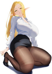  black_footwear black_skirt blonde_hair blueorca breasts brown_pantyhose cleavage collared_shirt elf english_commentary female full_body green_eyes green_nails high_heels highres kneeling large_breasts long_hair mole mole_under_eye nail_polish office_lady original pantyhose parted_bangs parted_lips partially_unbuttoned pencil_skirt pointy_ears pumps shadow shirt shirt_tucked_in simple_background skirt solo thick_thighs thighband_pantyhose thighs very_long_hair white_background white_shirt 