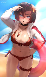  :o abs arm_up beach bikini black_choker blue_sky blurry blurry_background breasts choker cleavage clenched_hand cloud cloudy_sky commentary cowboy_shot day english_commentary eyewear_on_head female frilled_bikini_top front-tie_bikini_top front-tie_top grey_eyes hair_between_eyes hand_on_own_hip highres holding holding_swim_ring jacket long_sleeves looking_at_viewer multicolored_clothes multicolored_jacket navel open_clothes open_jacket open_mouth outdoors paid_reward_available patreon_logo patreon_username red-framed_eyewear red_bikini red_jacket ruby_rose rwby side-tie_bikini_bottom signature sky solo standing sunglasses swim_ring swimsuit thigh_scrunchie two-tone_jacket variant_set vilde_loh_hocen web_address whistle whistle_around_neck white_jacket 