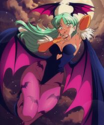  animal_print armpits bare_shoulders bat_print black_leotard blush breasts cleavage darkstalkers demon_girl demon_wings english_commentary female full_moon fur-trimmed_leotard fur_trim green_eyes green_hair head_wings highres large_breasts leotard midair moon morrigan_aensland pantyhose print_pantyhose purple_pantyhose retro_artstyle solo tongue tongue_out vizaz wings 