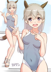  animal_ears blue_one-piece_swimsuit blush breasts covered_navel dated eila_ilmatar_juutilainen female fox_ears fox_tail highres long_hair looking_at_viewer naruchisukisuki one-piece_swimsuit open_mouth purple_hair signature small_breasts smile solo strike_witches swimsuit tail white_hair world_witches_series 