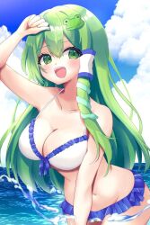  :d alternate_costume arm_up bikini blue_frills blue_sky breasts cleavage cloud cloudy_sky collarbone commentary_request cowboy_shot day double-parted_bangs female frilled_bikini frills frog_hair_ornament front-tie_bikini_top front-tie_top green_eyes green_hair groin hair_between_eyes hair_ornament kochiya_sanae large_breasts long_hair navel open_mouth outdoors simappi single_hair_tube sky smile snake_hair_ornament solo splashing standing stomach swimsuit teeth touhou upper_teeth_only water white_bikini 