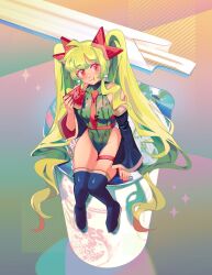  abstract_background black_footwear black_sleeves boots covered_navel cup_ramen detached_sleeves draw_this_in_your_style_challenge eating female food food-themed_hair_ornament fruit green_hair green_leotard hair_ornament hatsune_miku highleg highleg_leotard highres leotard long_hair looking_at_viewer necktie nova_borealis print_leotard purple_nails red_eyes red_nails red_necktie shadow solo thigh_boots twintails very_long_hair vocaloid watermelon watermelon_hair_ornament watermelon_miku_(kaatokun) watermelon_slice wide_sleeves 