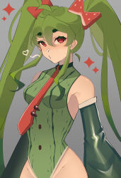  absurdres breasts detached_sleeves draw_this_in_your_style_challenge female food-themed_hair_ornament gradient_background green_hair green_leotard green_sleeves grey_background hair_between_eyes hair_ornament hatsune_miku heart heymisbella highleg highleg_leotard highres leotard long_hair medium_breasts necktie print_leotard red_eyes red_necktie shadow sideboob solo sparkle twintails upper_body very_long_hair vocaloid watermelon_hair_ornament watermelon_miku_(kaatokun) wide_sleeves 