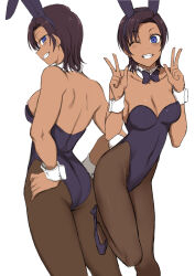  aiue_oka animal_ears ass black_bow black_bowtie black_hair black_leotard black_pantyhose blue_eyes bow bowtie breasts cleavage dark-skinned_female dark_skin detached_collar double_v female grin hands_on_own_hips highleg highleg_leotard highres hinata_sae ijirare_~fukushuu_saimin~ leotard medium_breasts multiple_views pantyhose playboy_bunny rabbit_ears rabbit_tail short_hair smile strapless strapless_leotard tail v wrist_cuffs 