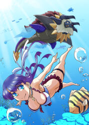  air_bubble barefoot bikini blue_eyes breasts bubble cleavage coral covered_nipples cross cross_necklace earrings fate/grand_order fate_(series) female fish highres jewelry large_breasts long_hair looking_at_viewer martha_(fate) martha_(swimsuit_ruler)_(fate) martha_(swimsuit_ruler)_(third_ascension)_(fate) necklace purple_hair ribbon rofu_get smile swimming swimsuit tarasque_(fate) thigh_strap underwater white_bikini white_ribbon 