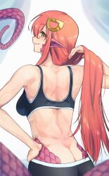  absurdres ass bare_shoulders butt_crack commission commissioner_upload female fingernails from_behind hair_between_eyes hair_lift hair_ornament hand_on_own_hip harakomeshi highres lamia light_smile long_hair looking_at_viewer miia_(monster_musume) monster_girl monster_musume_no_iru_nichijou non-web_source pointy_ears red_hair scales skeb_commission slit_pupils solo sports_bra sportswear straight_hair very_long_hair yellow_eyes 