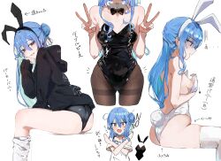  absurdres ahoge animal_ears blue_hair breasts commentary double_v english_commentary female hair_between_eyes hair_bun highleg highres hololive hood hoodie hoshimachi_suisei multiple_views no panties playboy_bunny rabbit_ears rabbit_tail rejection sideboob sidelocks small_breasts tail thighhighs thighs translation_request underwear v virgo76612871 virtual_youtuber white_thighhighs x_arms 