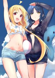  2girls ahoge arm_up ball beachball bikini black_bikini black_jacket blonde_hair blue_hair blue_shorts blue_sky bocchi_the_rock! breasts cloud denim denim_shorts feet_out_of_frame floral_print halterneck highres ijichi_nijika inflatable_shark inflatable_toy jacket long_hair medium_breasts minosu multiple_girls red_eyes revision see-through see-through_jacket short_hair shorts side_ponytail sky smile swimsuit white_bikini yamada_ryo yellow_eyes 