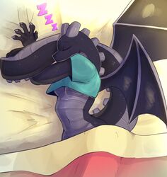  2023 anthro bed belly_button black_body blanket claws closed_eyes corromon dragon ender_dragon female female_only horns humanoid jean? jean_(minecraft) laying_down laying_on_bed laying_on_side minecraft scalie sleeping solo solo_female tagme tail underboob wholesome 