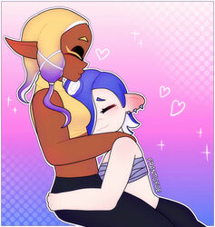  2girls average_breasts clothed clothing cuddle cute female female/female female_only forehead_kiss franticfoe_(artist) frye_(splatoon) girl hug hug_breasts inkling kissing octoling safe sfw shiver_(splatoon) small_breasts snuggle snuggling splatoon splatoon_(series) splatoon_3 thick_thighs thighs wholesome yuri 