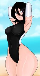  1girls armpits arms_behind_head bangs bikini black_hair black_swimsuit bleach blue_eyes gloves hyper_thighs kuchiki_rukia massive_thighs pear-shaped_figure pear_shaped short_hair sonson-sensei swimsuit thick_thighs thunder_thighs wide_hips 