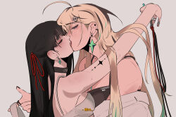  2girls absurdres black_bra black_choker black_hair blonde_hair bra chisa_(wuthering_waves) choker closed_eyes commentary earrings english_commentary french_kiss hair_between_eyes hair_ornament hair_ribbon highres jewelry kissing long_hair lynae_(wuthering_waves) multiple_girls purple_eyes red_eyes red_ribbon ribbon shirt skull_hair_ornament star_(symbol) star_earrings swordheists tacet_mark_(wuthering_waves) underwear white_bra white_shirt wuthering_waves yuri 