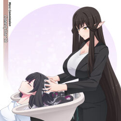  2girls artist_name black_hair black_jacket black_suit blunt_bangs breasts brown_hair business_suit cleavage closed_eyes closed_mouth columbina_(genshin_impact) commentary commission commissioner_name crossover english_commentary fate/apocrypha fate_(series) formal_clothes genshin_impact hairdressing hands_in_another's_hair highres jacket large_breasts long_hair long_sidelocks multicolored_hair multiple_girls mzrz pant_suit pants pointy_ears purple_hair purple_streaks semiramis_(fate) shirt sidelocks sink slit_pupils soap streaked_hair suit suit_jacket two-tone_hair very_long_hair washing_hair white_shirt yellow_eyes 