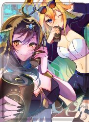  2girls absurdres ahoge arielle_(vtuber) black_hair black_nails blonde_hair blue_eyes breasts can cleavage colored_skin commentary drink_can english_commentary eyewear_on_head hair_between_eyes highres indie_virtual_youtuber jacket lamia large_breasts long_hair looking_at_viewer monster_girl multicolored_hair multiple_girls one_eye_closed open_mouth purple_jacket purple_shorts purple_skin rainbow_hair shorts smile strapless sunglasses thighhighs thighs tube_top usahana101 vexoria_the_sun_eater vexoria_the_sun_eater_(vex_1.0) virtual_youtuber white_tube_top yellow_eyes 
