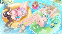  2girls absurdres aqua_bikini arms_up beret bikini bikini_skirt black_hair blonde_hair blue_eyes breasts chisa_(peach_parfait)_(wuthering_waves) chisa_(wuthering_waves) clang_bang_(wuthering_waves) commentary crossed_legs denim denim_shorts english_commentary flower food fruit_cup fruit_earrings hair_between_eyes hair_flower hair_ornament hairband hat highres holding holding_food holding_pocky innertube large_breasts long_hair looking_at_viewer lynae_(peppermint)_(wuthering_waves) lynae_(wuthering_waves) multiple_girls nail_polish namipon_(wuthering_waves) navel official_alternate_costume pink_bikini plaid_bikini plaid_clothes pocky red_eyes rubber_duck sandals see-through_clothes see-through_shirt shirt shorts skirt smile snobel stomach sunglasses swim_ring swimsuit tacet_discord_(wuthering_waves) tacet_mark_(wuthering_waves) toenail_polish toenails toes white_flower white_hairband white_hat white_shirt white_skirt wuthering_waves 
