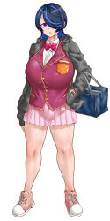  bag black_hair black_hoodie blue_hair bow bowtie breasts commentary_request commission converse earclip earphones f-5_(efu_no_go) female full_body hair_over_one_eye hand_in_pocket highres holding holding_bag hood hoodie huge_breasts jacket light_smile lips medium_hair miniskirt multi-source_commentary multicolored_hair original parted_lips pink_shoes pink_skirt pleated_skirt purple_eyes purple_jacket red_bow red_bowtie school_bag shoes skeb_commission skirt solo streaked_hair two-tone_hair 