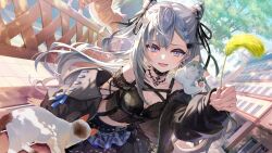  :d artist_request black_collar black_jacket black_shirt black_skirt blue_eyes braid braided_bangs breasts cleavage collar cone_hair_bun day double-parted_bangs double_bun feline female fishnet_top fishnets game_asset grey_hair hair_bun highres holding hololive hololive_dreams hololive_indonesia jacket lace-trimmed_shirt lace_trim long_hair looking_at_viewer midriff miniskirt non-web_source off_shoulder official_art open_mouth outdoors self-datamine shirt skirt smile solo two_side_up very_long_hair vestia_zeta vestia_zeta_(sunny_cat_syndicate) virtual_youtuber 