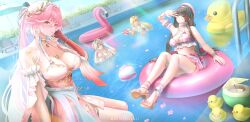  4girls absurdres arm_up ball beachball bikini black_hair breasts carlotta_(splashing_summer)_(wuthering_waves) carlotta_(wuthering_waves) changli_(laurel_nymph)_(wuthering_waves) changli_(wuthering_waves) chisa_(peach_parfait)_(wuthering_waves) chisa_(wuthering_waves) closed_mouth colored_extremities commentary dress_swimsuit earrings english_commentary flamingo_innertube fruit_cup hair_extensions highres innertube jewelry large_breasts laurel_crown long_hair looking_at_viewer lynae_(peppermint)_(wuthering_waves) lynae_(wuthering_waves) multiple_girls official_alternate_costume orange_eyes pink_bikini pink_hair plaid_bikini plaid_clothes ponytail pool realdriedfish red_eyes red_hands ring_hair_extensions rubber_duck smile swim_ring swimsuit twitter_username water_gun wuthering_waves 