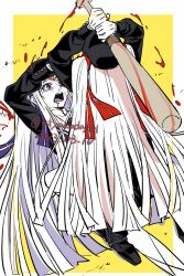  2girls arms_up atyakodayo1 baseball_bat beating black_hat black_serafuku black_shirt bleeding blood blood_on_weapon boots border colored_tongue commentary_request crying crying_with_eyes_open from_above gakuseibou geminism gloves hat highres hirosoma_kikyou hirosoma_shinku holding holding_above_head holding_baseball_bat long_hair long_sleeves lying multiple_girls nosebleed on_back open_mouth outside_border pinned purple_eyes purple_tongue scared scene_reference school_uniform serafuku sharp_teeth shirt siblings sisters sitting sitting_on_person tears teeth two-handed very_long_hair weapon white_border white_gloves white_hair yellow_background 