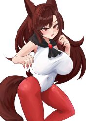  absurdres adapted_costume animal_ears asymmetrical_bangs black_neckerchief brooch brown_hair commentary_request cowboy_shot female fingernails highres imaizumi_kagerou jewelry leggings leotard long_fingernails long_hair looking_at_viewer neckerchief oerba_yun_fang open_mouth red_eyes red_leggings red_nails shinonome_zakuro simple_background skin_fang smile solo tail touhou v-shaped_eyebrows white_background white_leotard wolf_ears wolf_girl wolf_tail 