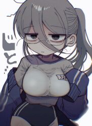  aozora_kyoka breasts buruma duplicate female glasses grey_hair gym_shirt gym_uniform highres large_breasts long_hair messy_hair mojyo original ponytail shirt simple_background sleeves_past_fingers sleeves_past_wrists white_background yasashii_naizou 