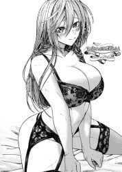  blush braid breasts cleavage closed_mouth english_text female greyscale hong_meiling koyubi_(littlefinger1988) large_breasts long_hair looking_at_viewer monochrome multiple_scars scar simple_background sitting solo touhou twin_braids white_background 